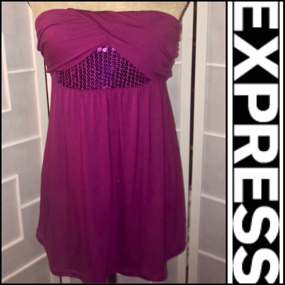 Express Hot Pink Sequin Strapless Blouse - Picture 1 of 7